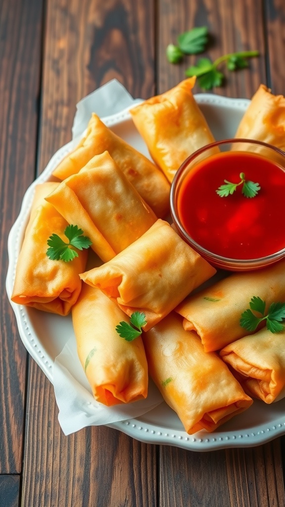 Crispy vegetable spring rolls served with dipping sauce on a wooden platter.